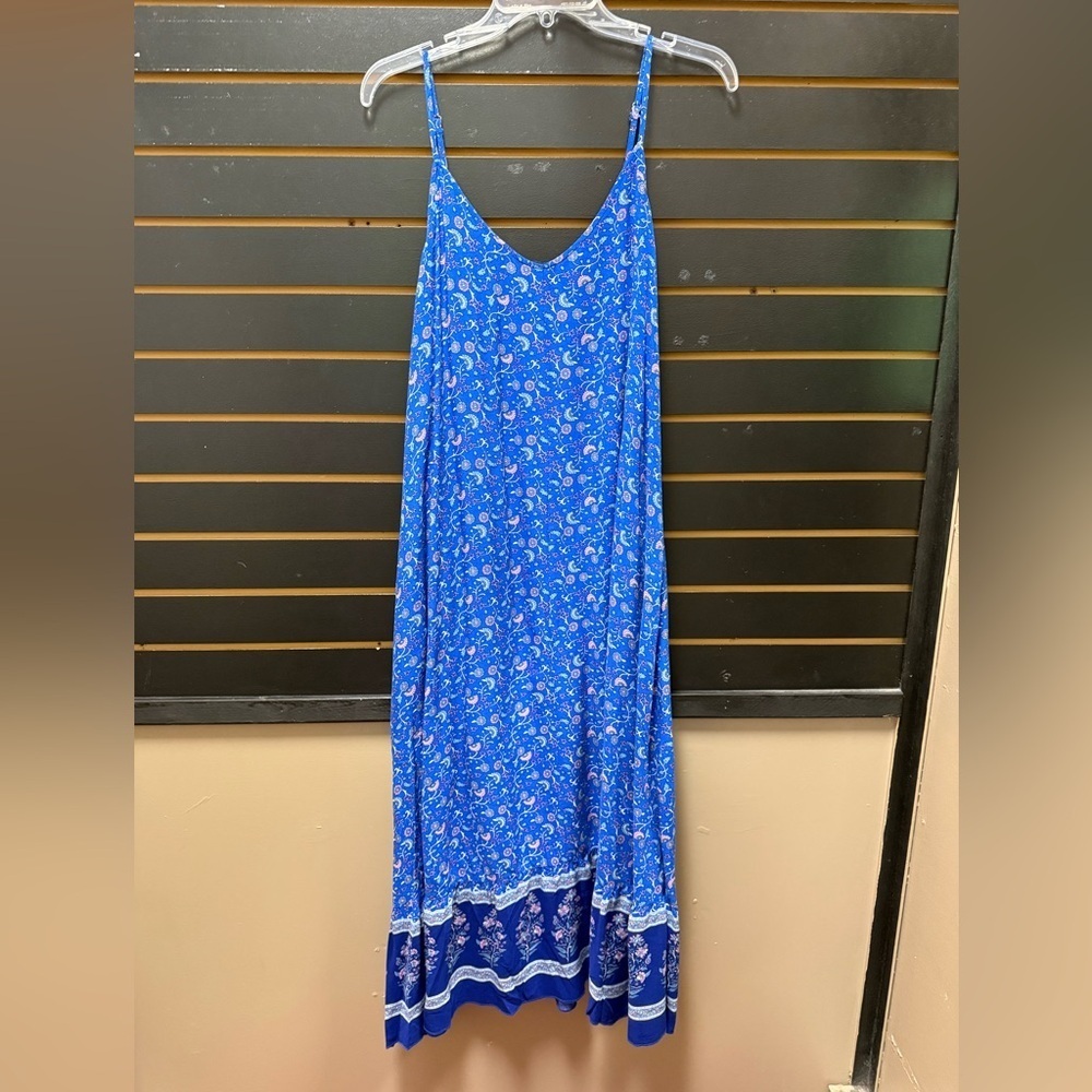 Angashion Blue Floral Boho Maxi Dress L Sleeveless Spaghetti Strap Viscose